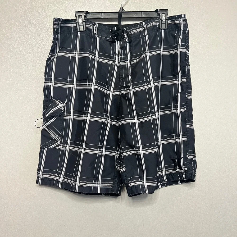 Hurley‎ Mens Black White Plaid Board Shorts Swim Trunks Size 34 MBS0000750